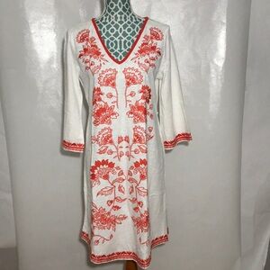 Boden Clemmie Embroidered Jersey Cotton Shift Dress White Orange Red Size 6 US